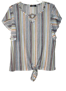 Cure Shirt Oberteil Damen Gr. M mehrfarbig gestreift Kurzarm Bindegürtel Pullover - Bild 1 von 13