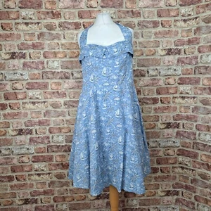Laura Ashley Dress Blue Floral UK 14 Fit Flare Lined Below Knee Halter Neck - Picture 1 of 12