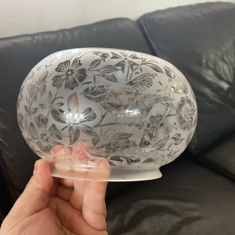 Antique Gas Light Shade Aesthetic Etched Bowl Flower Bird Butterfly 5” Fitter Cover