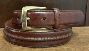 Mens Brown Leather Belt Raised Center Sz 32 1-1/8”Wide GoldTone Bkl GUC - Picture 1 of 6