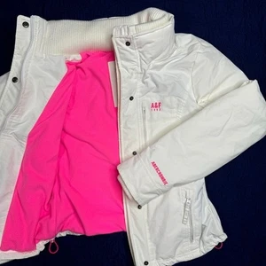 Abercrombie & Fitch Y2K Womens White Puffer Jacket Pink Fleece Lined Coat Stain - Picture 1 of 10