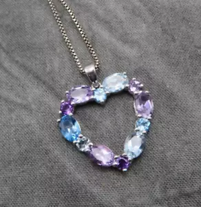 Vintage Halskette Sterling Silber Herz Anhänger Lila Blautopas Edelsteine 313c - Bild 1 von 10
