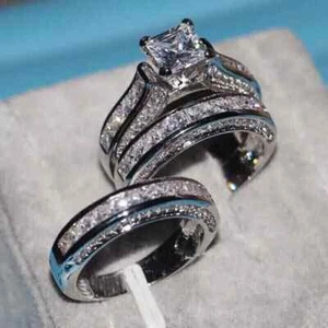 His Her Simulated Diamond 14k White Gold Plated Trio Bridal Wedding Ring Set - Picture 1 of 3