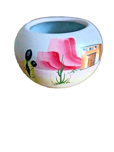 Mexican Hand Painted Small Clay Pot Vase Southwest Desert Adobe Signed - Picture 1 of 8