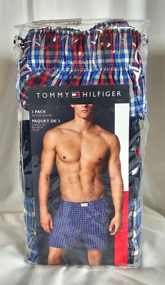 Tommy Hilfiger 3 Pk Woven Boxers Small Blue Plaid, Logo, 100% Cotton SHIPS FREE! - Image 1 of 4