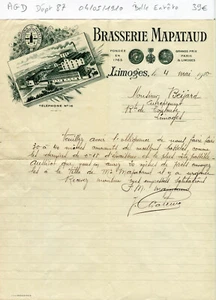 Dépt 87 - Limoges - Belle Entête de la Brasserie MAPATAUD du 04/05/1910 A Voir ! - Imagen 1 de 1