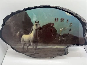Vintage Wood Slab Clock White Horse On Beach - Picture 1 of 9