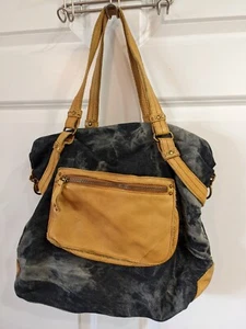 Schuler & Sons ANTHROPOLOGIE Tie Dyed Cotton Blue Canvas & Tan Leather 18" Bag - Picture 1 of 4