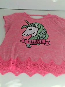 Total Girl Size XXL Plus 201/2 Pink Top Short Sleeve Sequined Unicorn BELIEVE - Picture 1 of 8