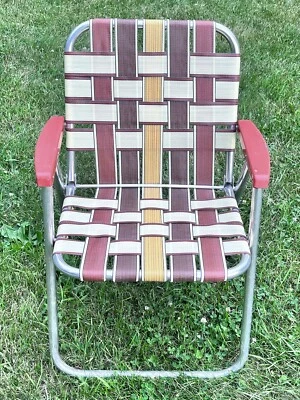 X - Vintage Folding Aluminum Webbed Patio Lawn Chair Brown Gold Beige Webs - Image 1 of 4