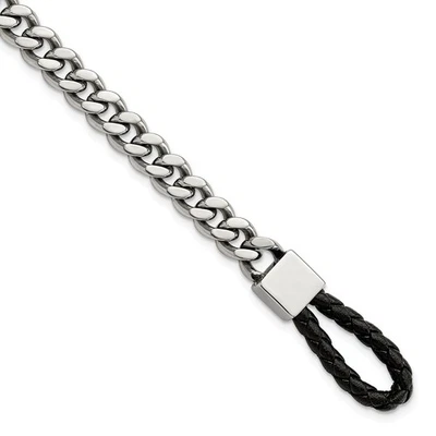 Stainless Steel Curb Chain with Black Braided Leather Hook Men's Bracelet 8.25" - Image 1 of 4