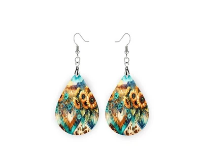 Sunflower and Leopard Print Wood Dangle Teardrop Print Earrings Jewelry - Image 1 of 4