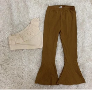 girl tan brown summer top flare pants set small - Picture 1 of 1