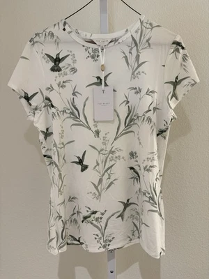 Ted Baker London Floral White Fortune Fitted T-Shirt Short Sleeve Crew Neck Sz 3 - Image 1 of 4