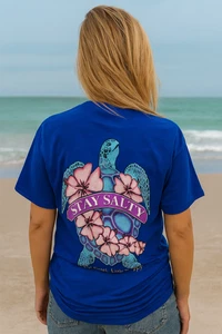 Southern Attitude Snappy Sea Turtle Flower Blue T-Shirt - Picture 1 of 10