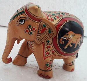 Wooden Elephant Old Hand Made Carved Unique Painted Collectible Indian Home Art
