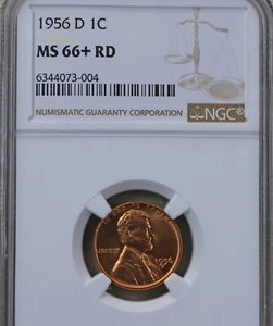 1956 D Lincoln cent graded by NGC MS 66+ RD - Picture 1 of 2