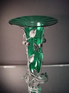 Rare Umberto Bellotto Venetian Glass Teal Vase in Floral Metal Holder Murano - Picture 1 of 6