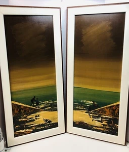 Oil Paintings Set of 2 on Canvas Caribbean Native People Ocean Landscape Large - Picture 1 of 9