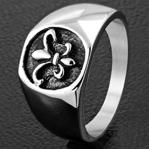 BAGUE CHEVALIÈRE HOMME ACIER ORNÉ FLEUR DE LYS BIKER EMBLEME FRANCAIS RMT662 - Imagen 1 de 1