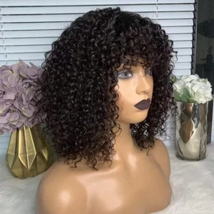 Black Human Hair Wigs with Bangs None Lace Short Bob Curly Wig - Picture 1 of 5