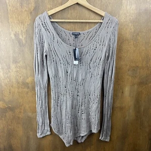 NWT Express Open Knit Beige Tan Sweater Size Medium Asymmetrical Long Sleeve - Picture 1 of 8