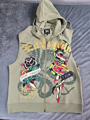 Chaqueta Chaleco Ed Hardy Para Hombres Mediano Cremallera Completa Sin Mangas Daga Tatuaje Serpiente Sudadera con Capucha Foto 1 de 4