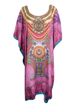 Pink Jewel Print Caftan Scoop Neck Resort Wear Beach Cover Up Kaftan Dress 3X
