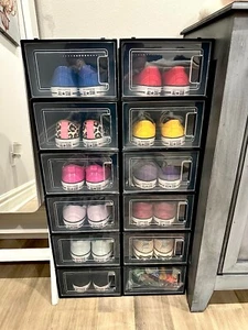 12 Pack Shoe Organizer Boxes Black Plastic Stackable Shoe Storage Bins Case New - Picture 1 of 7