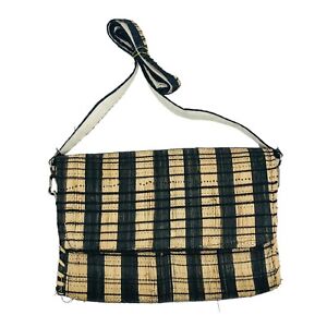 Raffia Straw Woven Clutch Crossbody Bag Purse Black Striped Vanity Pockets Zip