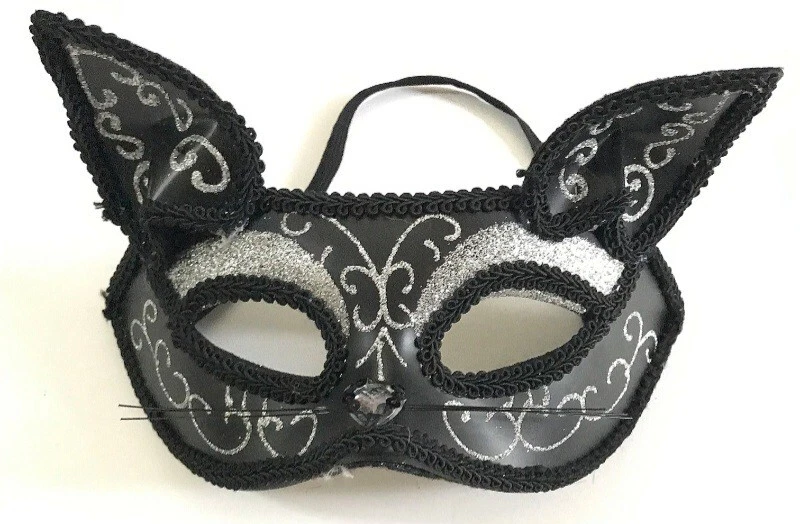Halloween Cat Eye Masquerade Half Face Mask Black Silver Glitter Kitty Costume - Image 1 of 1