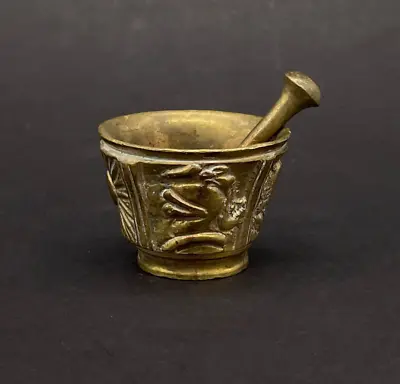 SMALL BRONZE BRASS MORTAR AND PESTLE / Various Figures Sun, Knight, Wolf  #1 • 33.59$