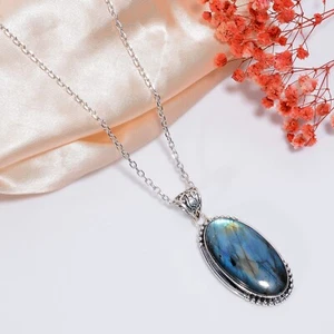 Natural Labradorite Oval Pendant  handmade sterling silver 925 pendant for Gift - Picture 1 of 4