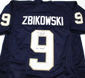 Camiseta de fútbol americano firmada por Tom Zbikowski personalizada azul de Notre Dame con certificado de autenticidad JSA Testigo - Imagen 1 de 4