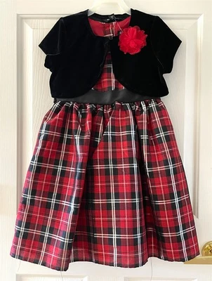 George Girls 7 Red Black Silver 2pc Plaid Holiday Dress w/Stretch Velvet Shrug - Image 1 of 4