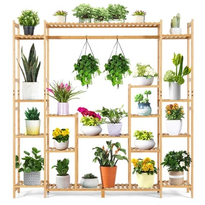 9-Tier Bamboo Plant Stand w/Potted Holder & Hanging Rack Tall Display Shelf Unit - Image 1 of 4
