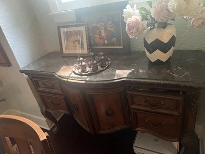 Vintage Wooden Sideboard with Marble Top and Ornate Details - Image 1 of 2