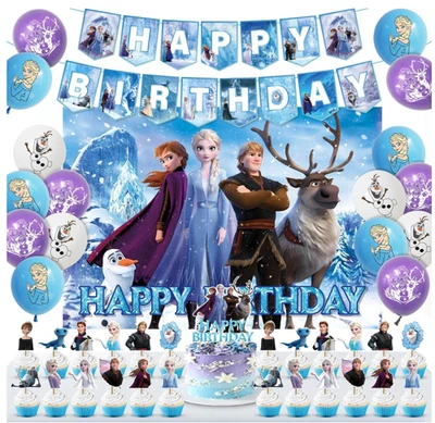 Paquete de decoraciones de cumpleaños congeladas para fiesta y platos servilletas y tenedores - Invitado 10 Foto 1 de 4