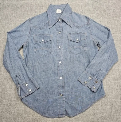 Vintage Western Denim Shirt Womens Medium Sanforized Pearl Snap Cowboy 70s 80s - Image 1 of 4