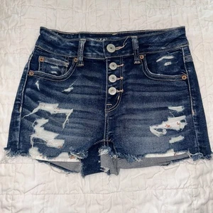 EUC Women's American Eagle Button Fly Stretch Hi Rise Distressed Shortie Size 0 - Picture 1 of 4