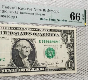 1981 $1 FRN Fancy Binary Radar Repeater Serial #98988989 PMG Gem UNC 66EPQ Nice - Picture 1 of 7
