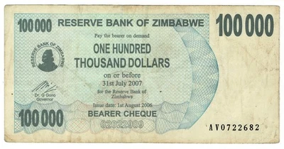 Zimbabwe 100,000 Dollars 2006 P-48 Hyperinflation Bearer Cheque Banknote - Image 1 of 2