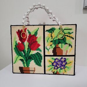 Vintage Granny Core Crochet Purse Handbag Flowers Garden Knit 14x11x3