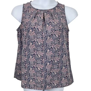Halogen Medium Top Floral Sleeveless Blouse Back Cutout Pleated Neckline Blue - Picture 1 of 5