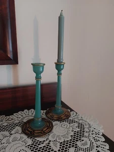 Exquisite 9.5 in Frosted Satin Green Art Deco Candlesticks Black/Gold/Red Base - Picture 1 of 8