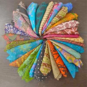 Indian Vintage 25 Pc Of Recycle Silk Sari Remnants/Fabric 8"X8" Fabric Scraps - Picture 1 of 7