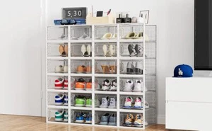 12 x Stackable Foldable Boxes Trainers Organiser Clear Plastic Shoe Storage Box - Picture 1 of 6