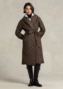$698 POLO Ralph Lauren shawl collar Leather Trim Coat Women's SZ L Brown - Picture 1 of 4