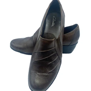 Clarks Womens Brown Leather Pleated Slip-On Block Heels Mod-89488 Size 8.5 - Picture 1 of 11