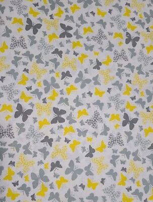 BTY X 56"W Fabric Yellow Gray Butterflies On White Quilting Sewing Crafting  - Image 1 of 3